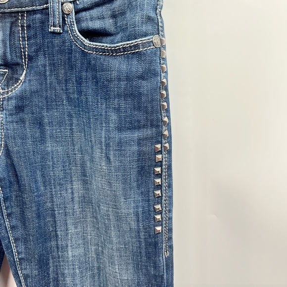 Y2k ROCK & REPUBLIC Flare Blue Jeans Rhinestone Studded Metal Punk Flap Womens 4 - Picture 9 of 14